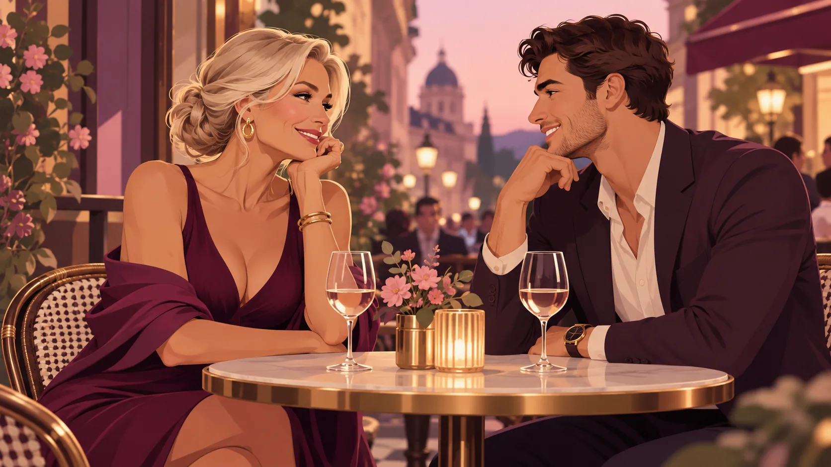 Illustration of an older woman and younger man smiling across a café table