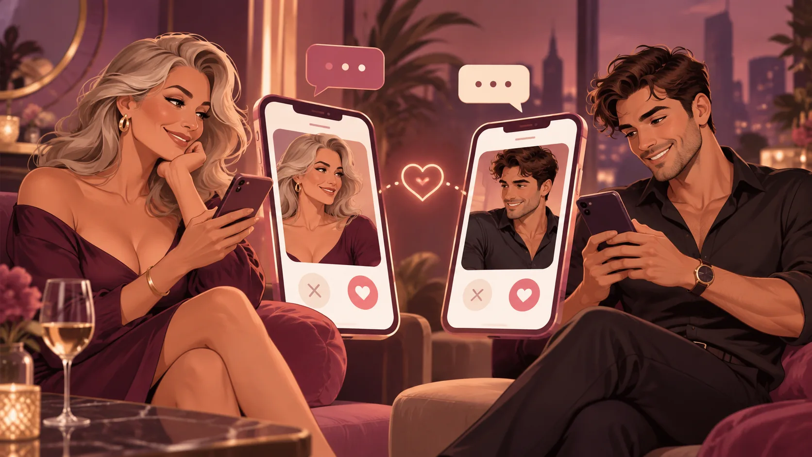 Illustration of an older woman and younger man viewing dating profiles on their phones