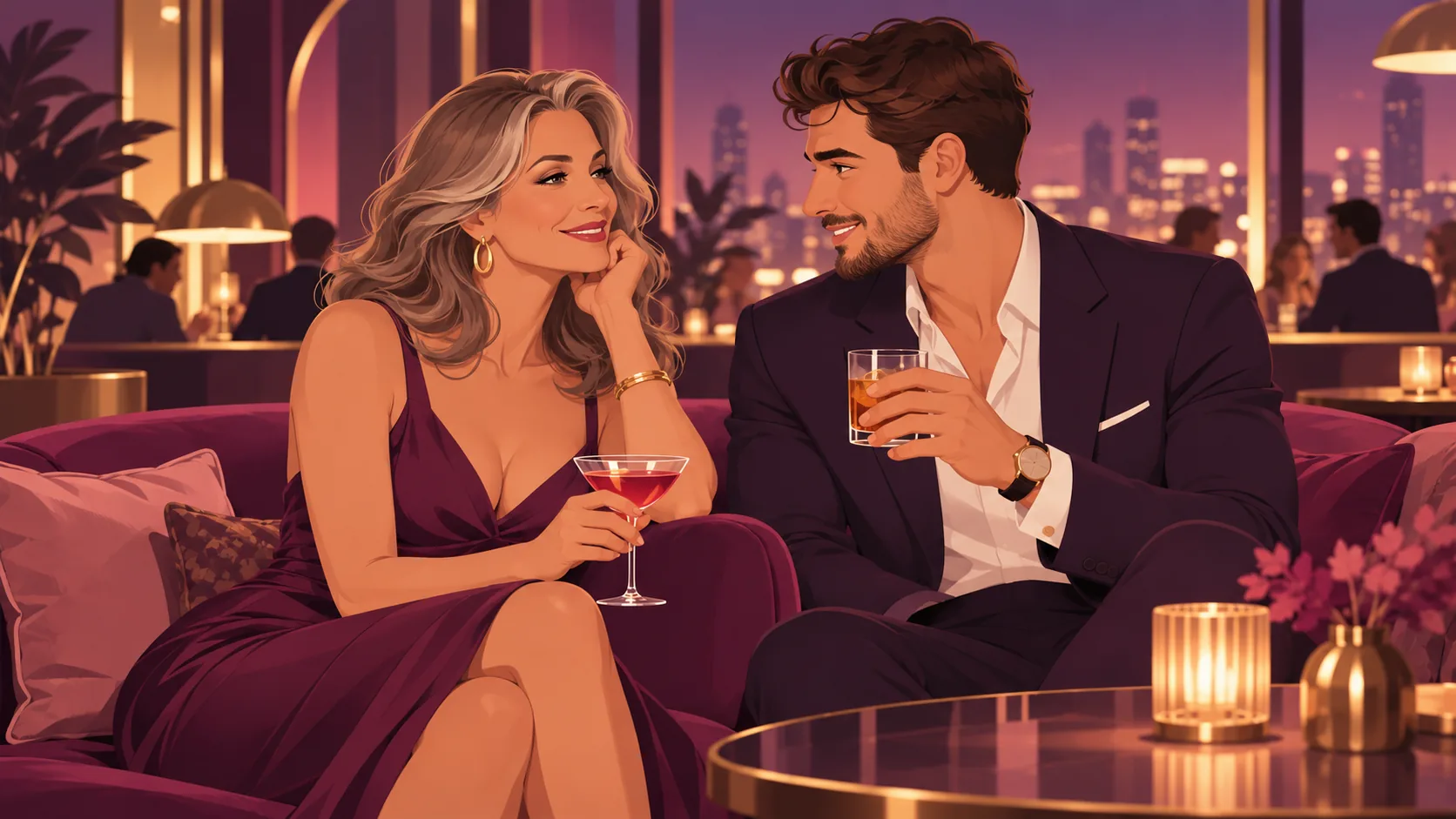 Illustration of an older woman and younger man sharing drinks at a restaurant